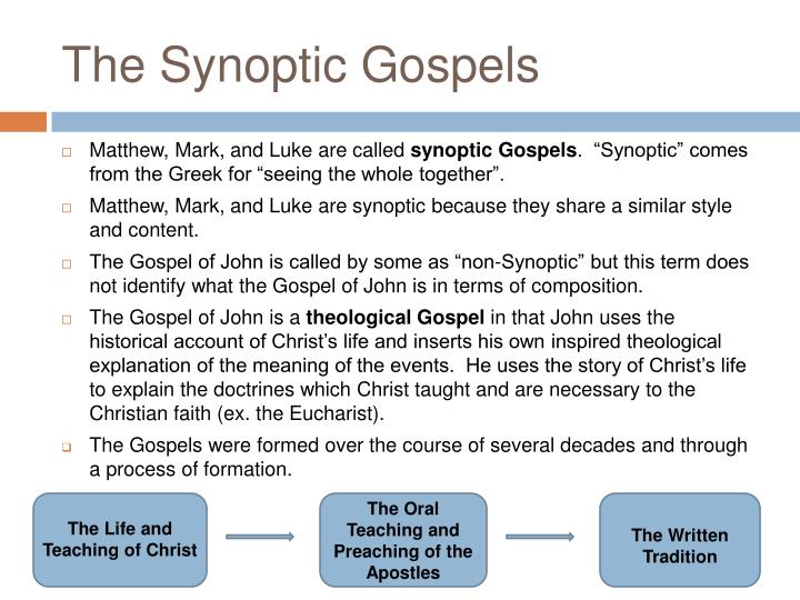 the synoptic gospels The synoptic problem is the problem of the literary relationships among the first three “synoptic” gospels matthew, mark, and luke are called “synoptic gospels” because they can be “seen together” ( syn-optic ) and displayed in three parallel columns. the synoptic gospels The synoptic problem is the problem of the literary relationships among the first three “synoptic” gospels matthew, mark, and luke are called “synoptic gospels” because they can be “seen together” ( syn-optic ) and displayed in three parallel columns.
