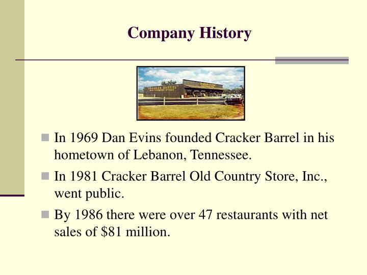 an introduction to the history of the cracker barrel Our cracker barrel timeline gives you a glimpse into our company history and how we've kept our sole mission of pleasing people a priority year after year. an introduction to the history of the cracker barrel Our cracker barrel timeline gives you a glimpse into our company history and how we've kept our sole mission of pleasing people a priority year after year.
