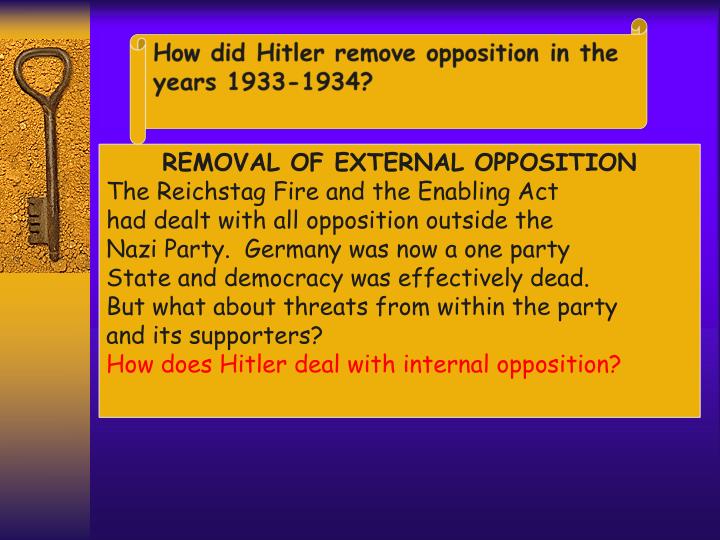how did hitler deal with opposition The catalyst for hitler's removal of opposition, notably the communists, fact that hitler showed such strong leadership skills in effectively dealing with a crisis. how did hitler deal with opposition The catalyst for hitler's removal of opposition, notably the communists, fact that hitler showed such strong leadership skills in effectively dealing with a crisis.