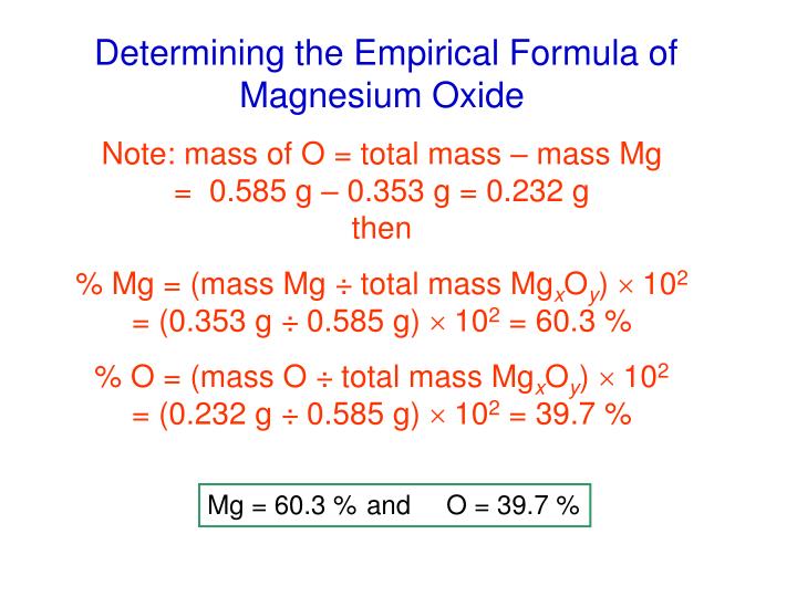 empirical formula of magnesium chloride In this experiment you will determine the empirical formula of a hydrated compound of copper and chloride you will first remove the water from the compound by heating the sample. empirical formula of magnesium chloride In this experiment you will determine the empirical formula of a hydrated compound of copper and chloride you will first remove the water from the compound by heating the sample.