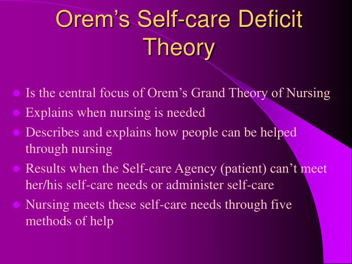 orem self care Dorothea orem’s self-care theory of nursing is one of the major nursing theories it pays particular attention to the role of the patient in their own. orem self care Dorothea orem’s self-care theory of nursing is one of the major nursing theories it pays particular attention to the role of the patient in their own.
