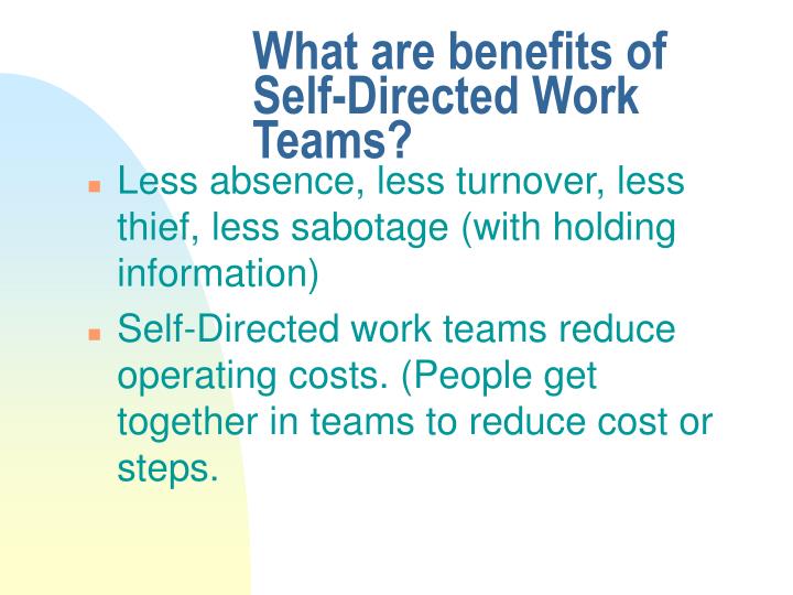 self directed work teams at bhi Free essay: “critically examine the effectiveness of self-directed work teams” self-managed work teams can be defined as a small number of employees with. self directed work teams at bhi Free essay: “critically examine the effectiveness of self-directed work teams” self-managed work teams can be defined as a small number of employees with.