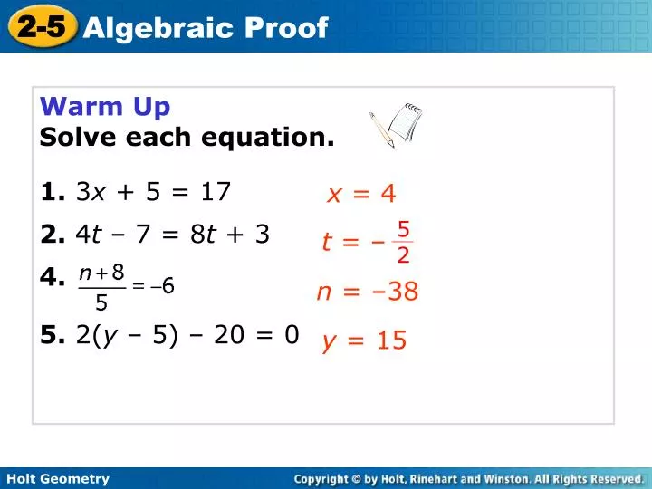 PPT Warm Up Solve each equation. 1. 3 x + 5 = 17 2. 4 t 7 = 8 t + 3
