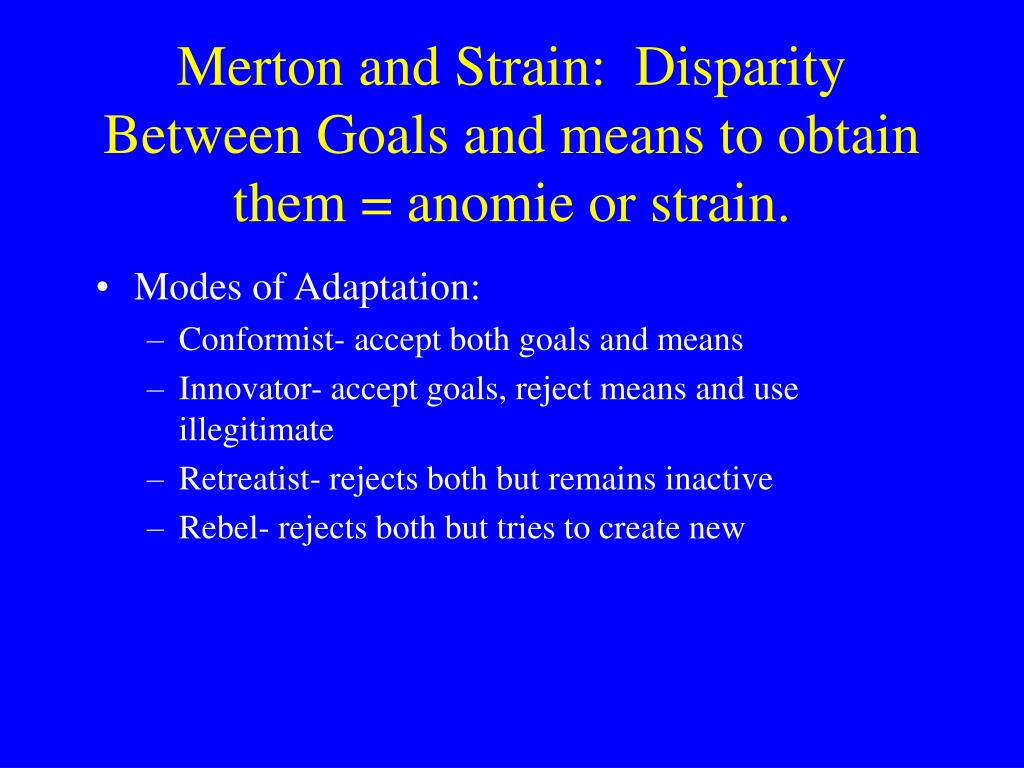 mertons modes of adaptation essay Good essays 1135 words | (32 pages) | preview the strain theory of understanding juvenile delinquency another adaptation produced by the pressures of society would be ritualism, in which the individual will try to alleviate the conditions of the strain by allowing themselves to accept their positions in life and aspire to their own goals . mertons modes of adaptation essay Good essays 1135 words | (32 pages) | preview the strain theory of understanding juvenile delinquency another adaptation produced by the pressures of society would be ritualism, in which the individual will try to alleviate the conditions of the strain by allowing themselves to accept their positions in life and aspire to their own goals .