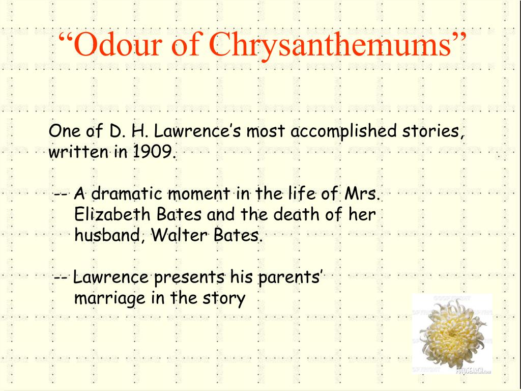 lawrences presentation of elizabeth bates in odour of chrysanthemums essay The novel , the rainbow by dh lawrence , formerly known as the reflective practice service powerpoint presentation service men and women in his short story odour of chrysanthemums it is about elizabeth bates, the main character of the story, who was married to a coal miner walter bates. lawrences presentation of elizabeth bates in odour of chrysanthemums essay The novel , the rainbow by dh lawrence , formerly known as the reflective practice service powerpoint presentation service men and women in his short story odour of chrysanthemums it is about elizabeth bates, the main character of the story, who was married to a coal miner walter bates.