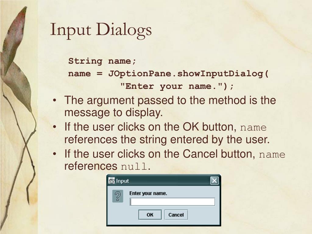 joptionpane input dialog cancel option