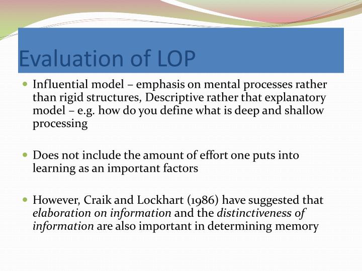 a study on recreating craik and lockharts levels of processing theory Craik and lockhart (1972) proposed the idea that deeper levels of _____ result in stronger the levels of processing memory proposed by craik and lockhart. a study on recreating craik and lockharts levels of processing theory Craik and lockhart (1972) proposed the idea that deeper levels of _____ result in stronger the levels of processing memory proposed by craik and lockhart.