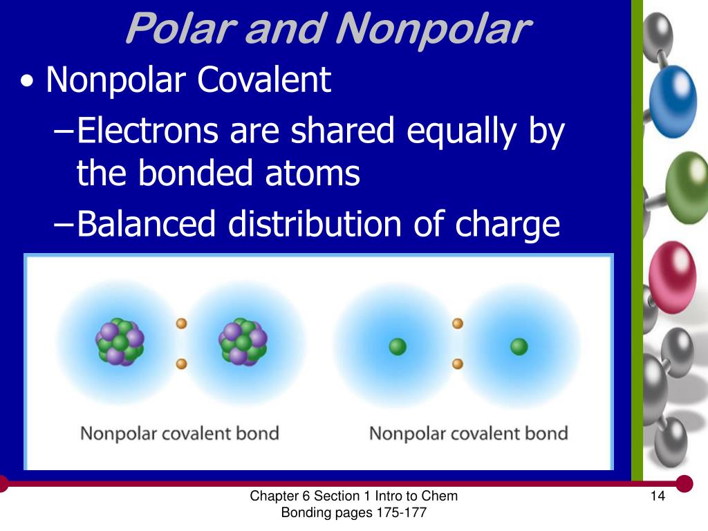Nonpolar molecules occur when electrons are shared equal between atoms of a...