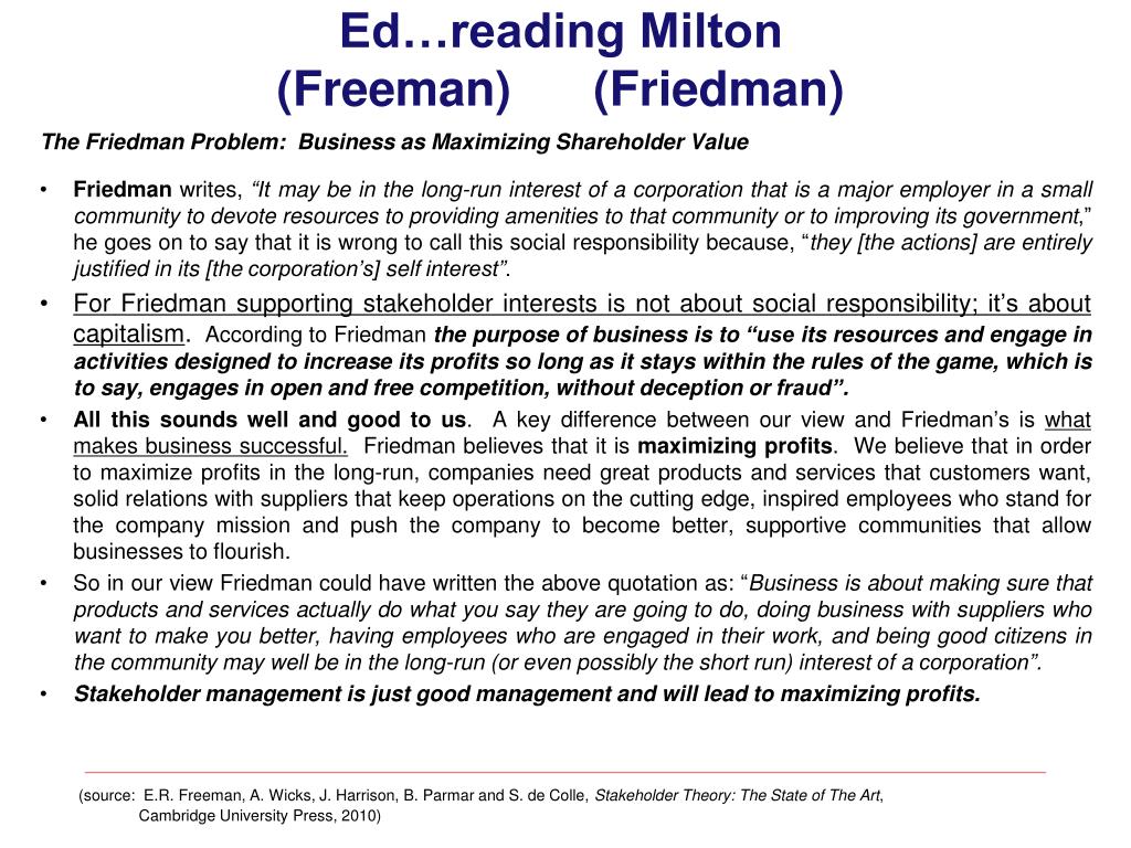 freeman vs friedman essay Cambridge core - strategic management - stakeholder theory - by r edward freeman. freeman vs friedman essay Cambridge core - strategic management - stakeholder theory - by r edward freeman.