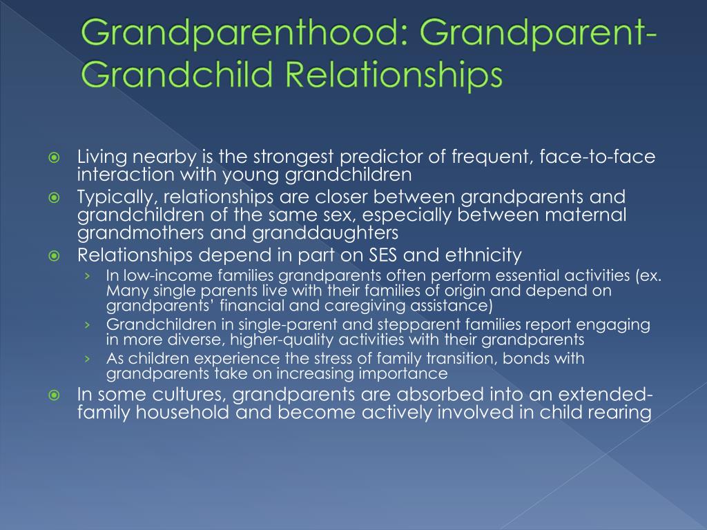 grandparents and grandchildren relationships The positive impact that a close relationship between a grandparent and grandchild can have on the happiness and wellbeing of the entire family. grandparents and grandchildren relationships The positive impact that a close relationship between a grandparent and grandchild can have on the happiness and wellbeing of the entire family.