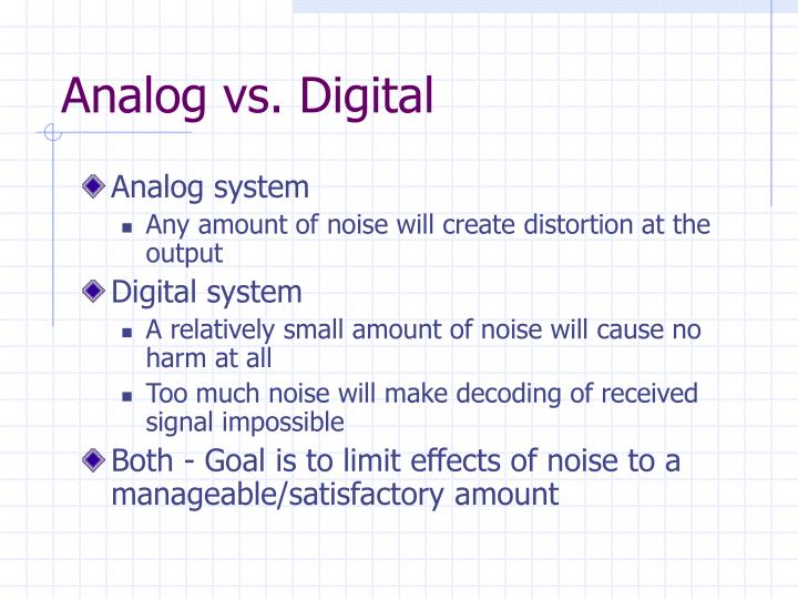analog vs digital Note: even though digital electronics has taken over analog electronics, we still cannot eliminate analog electronics because of the fact that in real world we use only analog signals ie humans can. analog vs digital Note: even though digital electronics has taken over analog electronics, we still cannot eliminate analog electronics because of the fact that in real world we use only analog signals ie humans can.