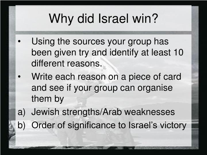 why did israel win the first In the six day war why did russia persuade egypt that israel was going to attack syria in the first win --but even if they did israel manage 2 win. why did israel win the first In the six day war why did russia persuade egypt that israel was going to attack syria in the first win --but even if they did israel manage 2 win.