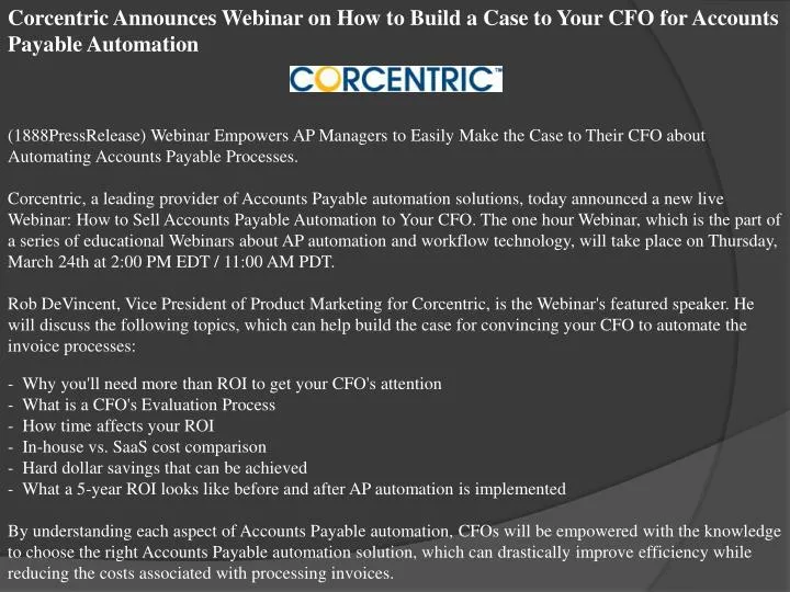 PPT Corcentric Announces Webinar On How To Build A Case To Your 