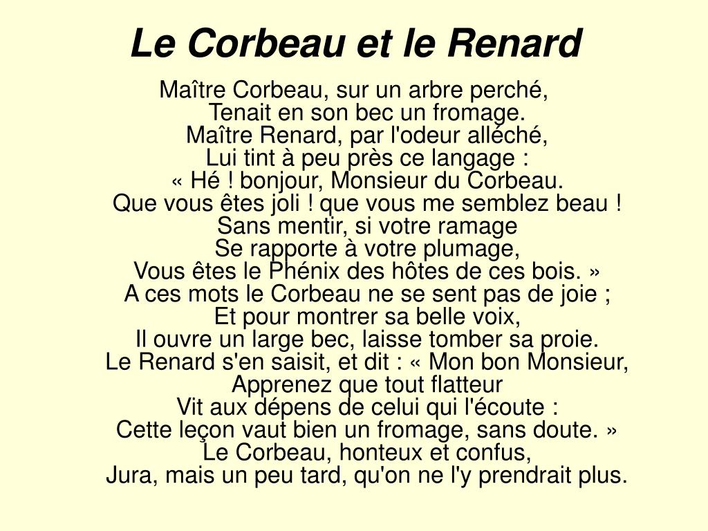 PPT - Le Corbeau et le Renard par Jean de la Fontaine PowerPoint  Presentation - ID:1033566