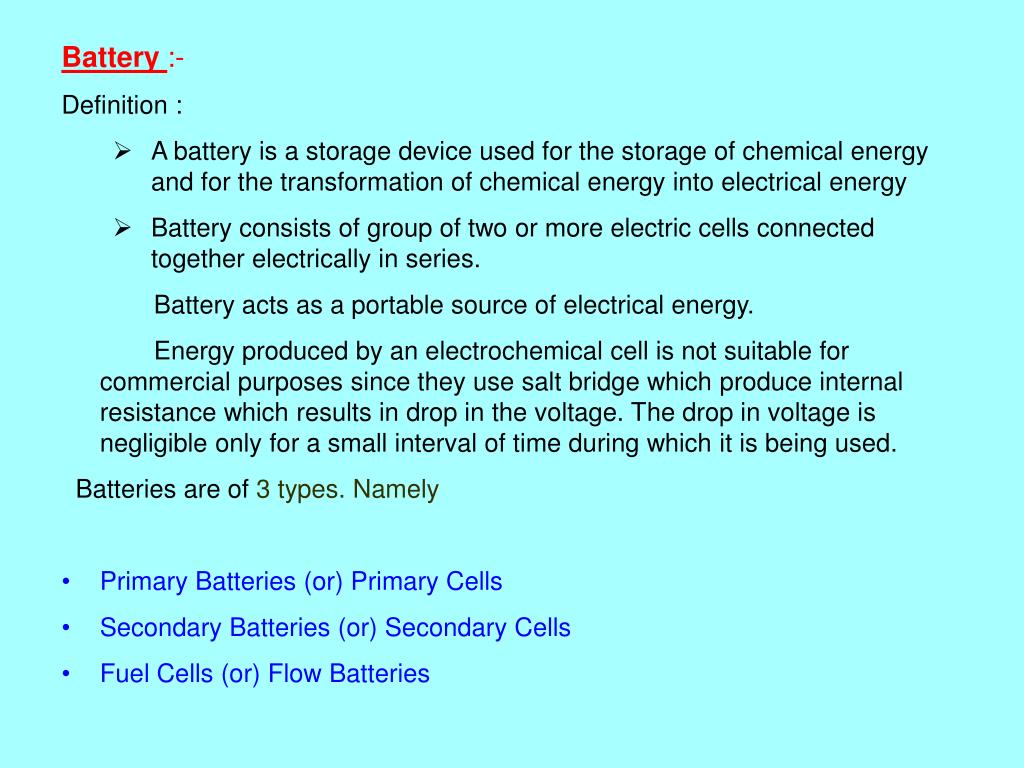 PPT Definition Types of Batteries Primary Batteries A. Lithium cell