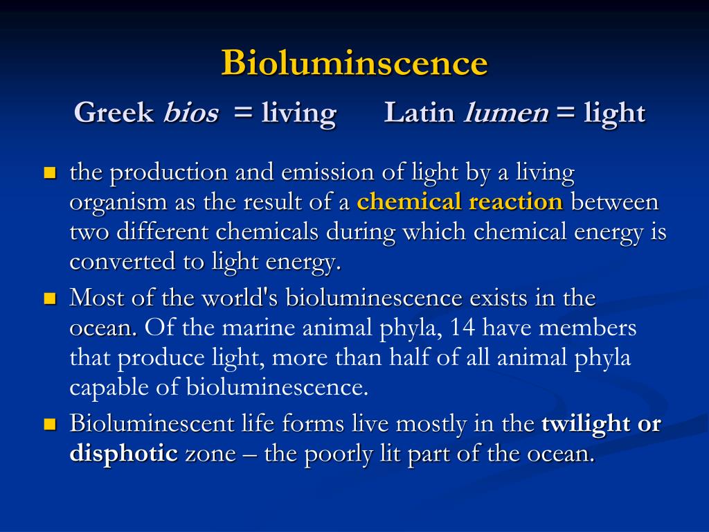 PPT - Bioluminscence Greek bios = living Latin lumen = light PowerPoint  Presentation - ID:1091972
