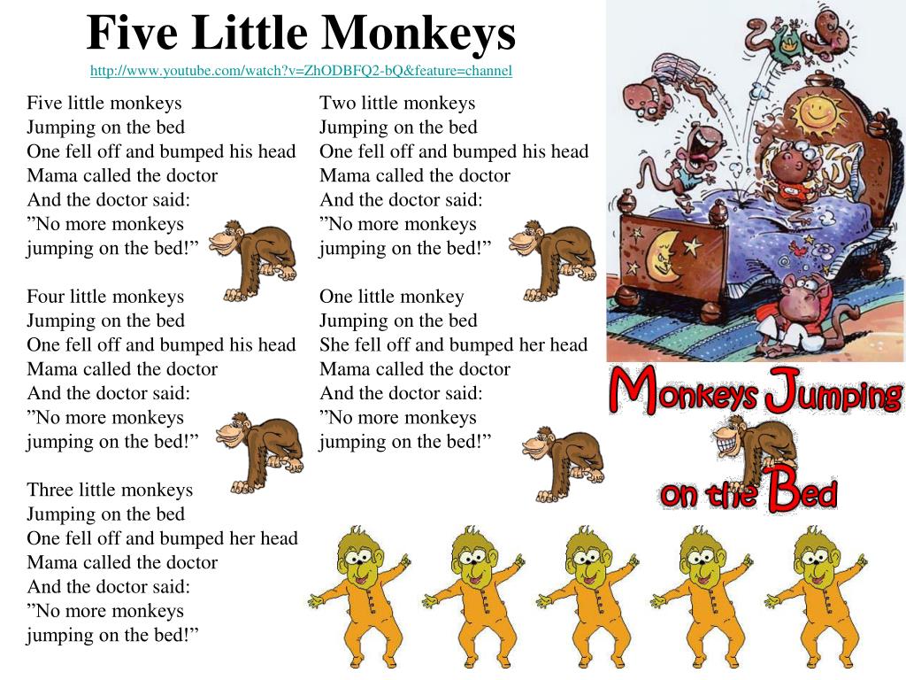 Файв перевод. Five little Monkeys текст. 5 Little Monkeys jumping on the Bed. Five little Monkeys jumping on the Bed текст. Monkeys jumping on the Bed слова.