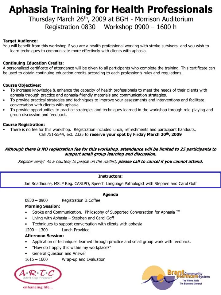 Ppt - Aphasia Training For Health Professionals Thursday March 26 Th , 2009  At Bgh - Morrison Auditorium Registration 0830 Wo Powerpoint Presentation -  Id:1104679