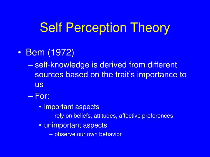 self perception theory essay Testing the self-perception explanation of dissonance phenomena: to support his contention that his self-perception theory teering to write such an essay. self perception theory essay Testing the self-perception explanation of dissonance phenomena: to support his contention that his self-perception theory teering to write such an essay.