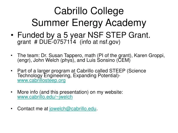 PPT Cabrillo College Summer Energy Academy PowerPoint Presentation