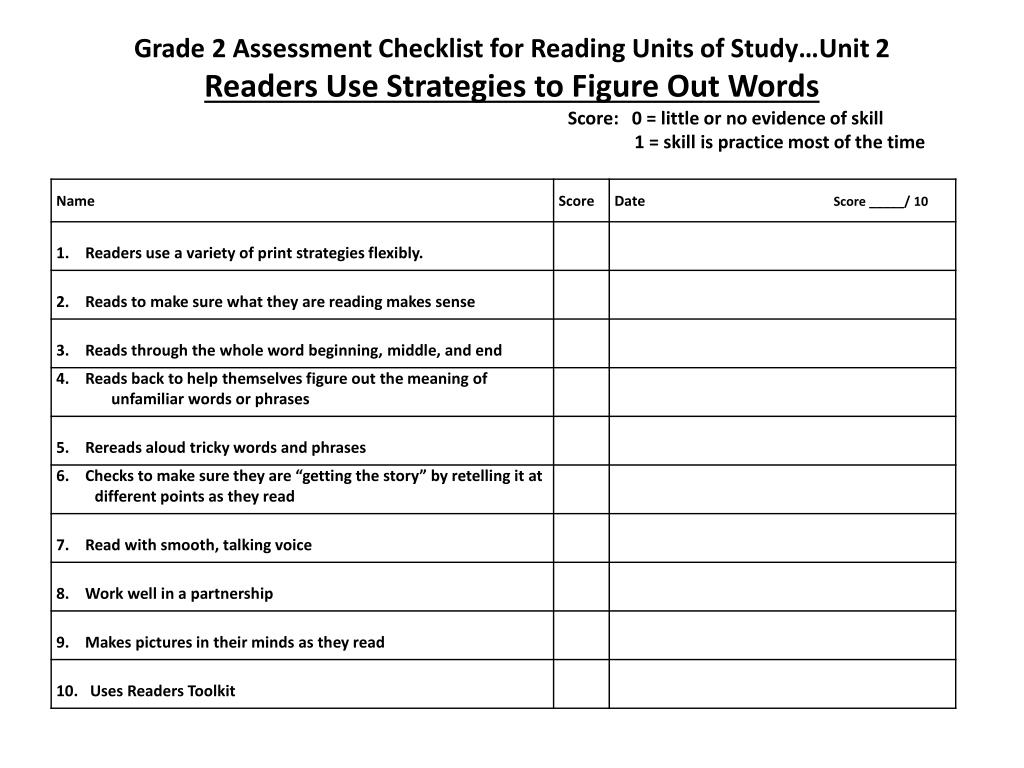 PPT - Grade 2 Assessment Checklist for Reading Units of Study…Unit 1