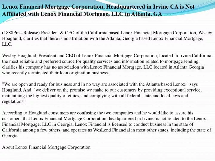 PPT Lenox Financial Mortgage Corporation PowerPoint Presentation
