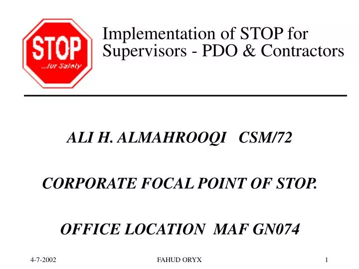 implementation of stop for supervisors pdo contractors n.