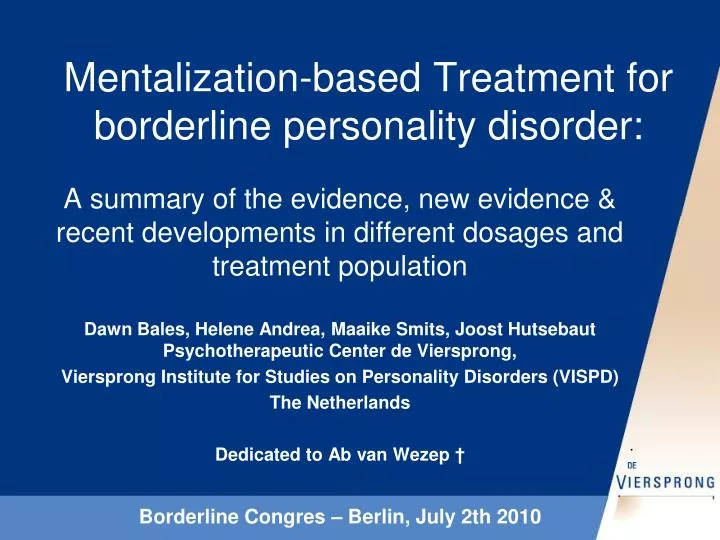PPT - Mentalization-based Treatment for borderline personality disorder:  PowerPoint Presentation - ID:1150030