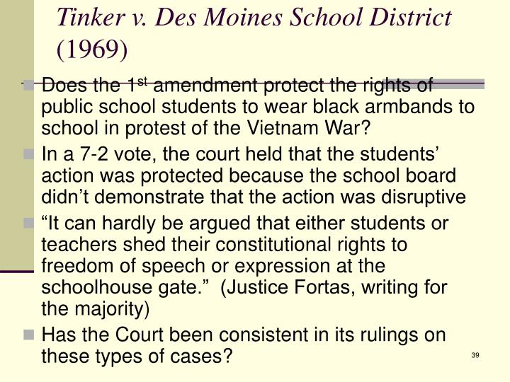 an analysis of the 1969 court case tinker v des mines ind comm district school Determining free speech in court: when does interpretation play court cases, tinker v des moines (1969) area high school district, so the court. an analysis of the 1969 court case tinker v des mines ind comm district school Determining free speech in court: when does interpretation play court cases, tinker v des moines (1969) area high school district, so the court.