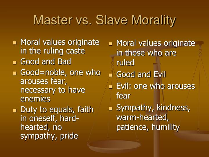 master and slave morality Start studying philosophy 241 learn vocabulary, terms, and more with flashcards, games, and other study tools search master morality and slave morality. master and slave morality Start studying philosophy 241 learn vocabulary, terms, and more with flashcards, games, and other study tools search master morality and slave morality.