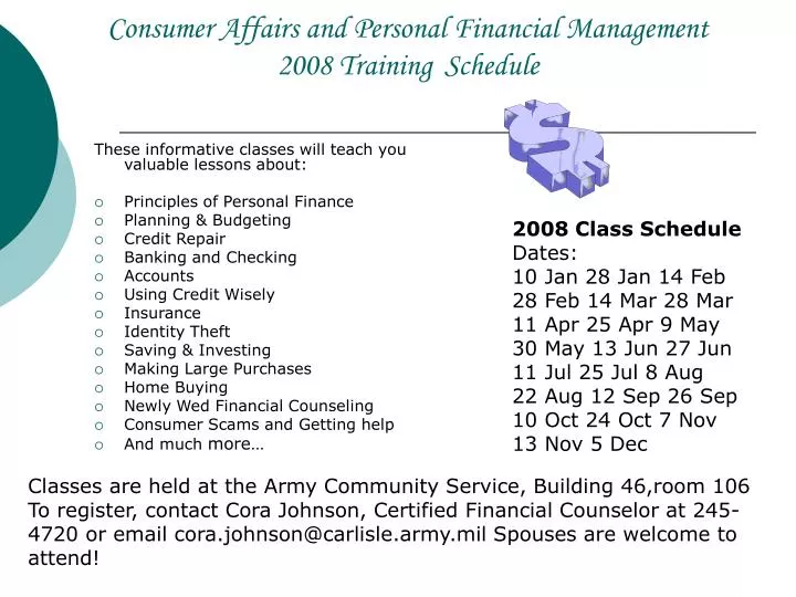 consumer affairs and personal financial management 2008 training schedule n.