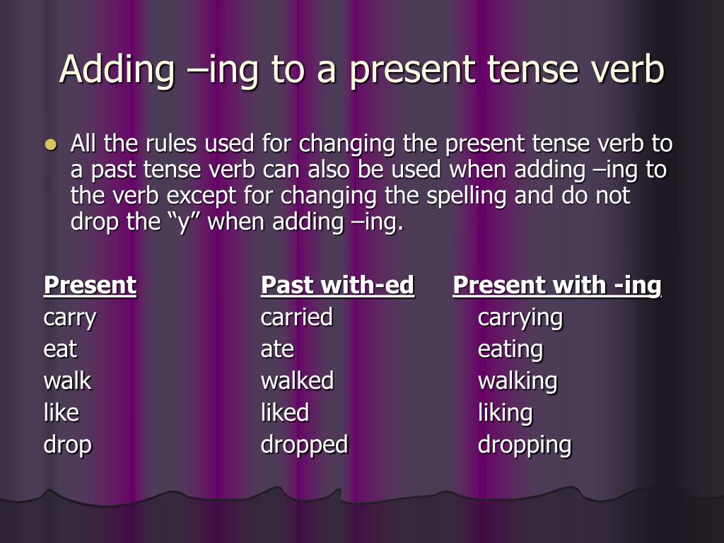 Adding ing to verbs. Present Tense verbs. Past present ing. Use с ing окончанием.