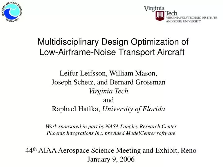 multidisciplinary design optimization of low airframe noise transport aircraft n.