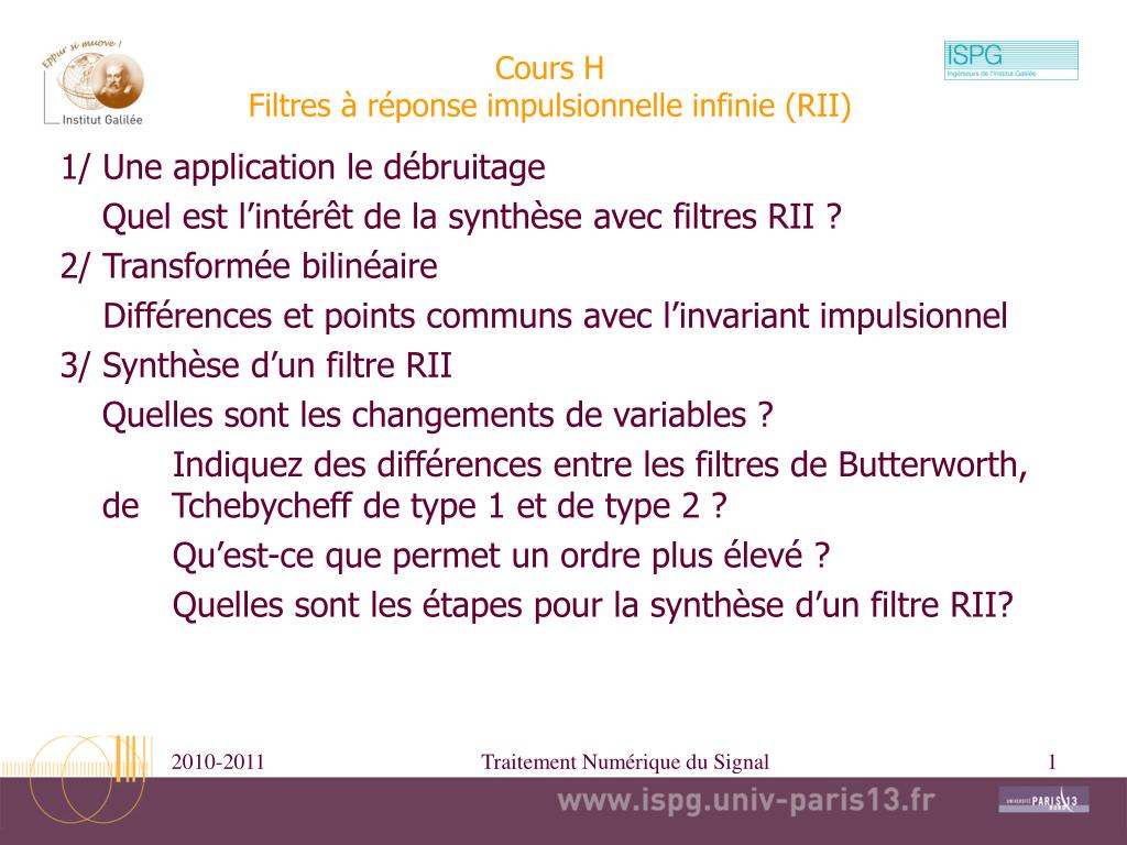 PPT - Cours H Filtres à réponse impulsionnelle infinie (RII) PowerPoint  Presentation - ID:1318423