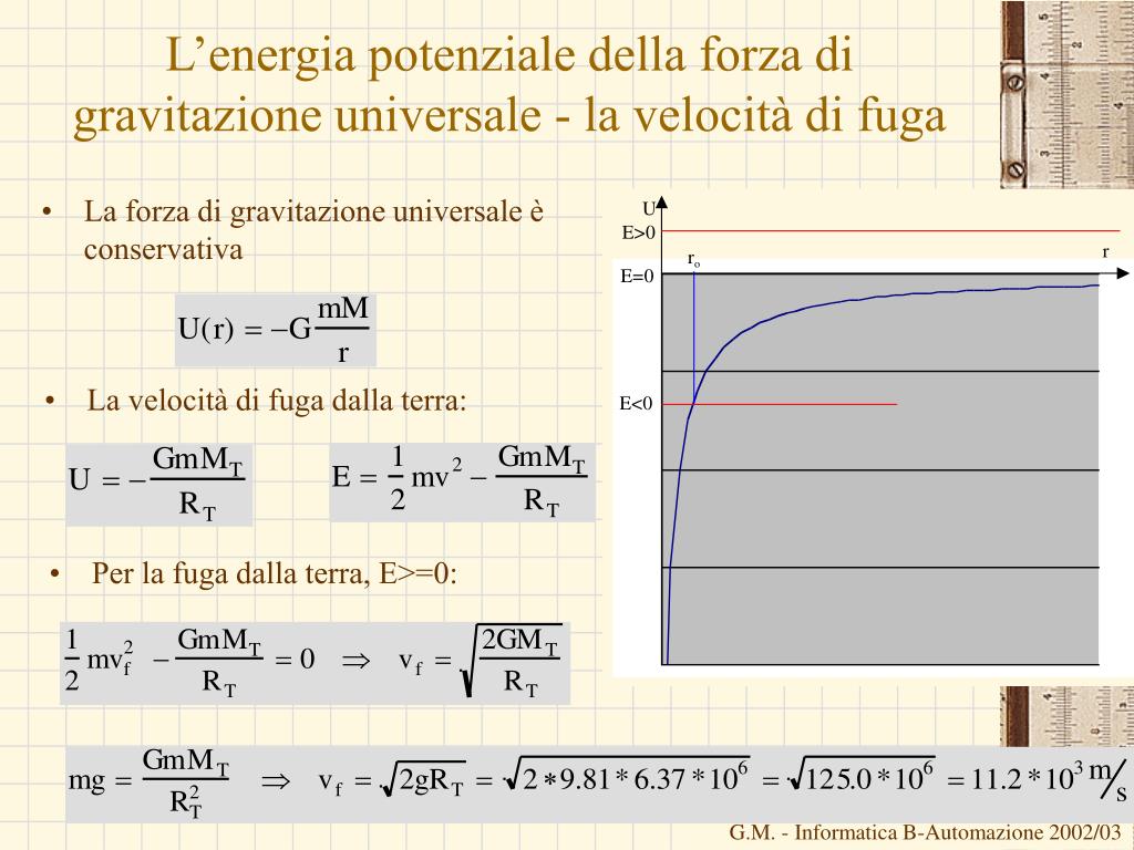 PPT - L'energia potenziale della forza di gravitazione universale - la velocità  di fuga PowerPoint Presentation - ID:1337839