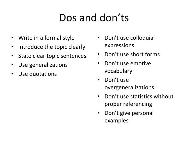dos and donts of research papers Scientific writing: the do’s and don’ts of writing your research paper - tips that will ease the complicated process of scientific writing. dos and donts of research papers Scientific writing: the do’s and don’ts of writing your research paper - tips that will ease the complicated process of scientific writing.