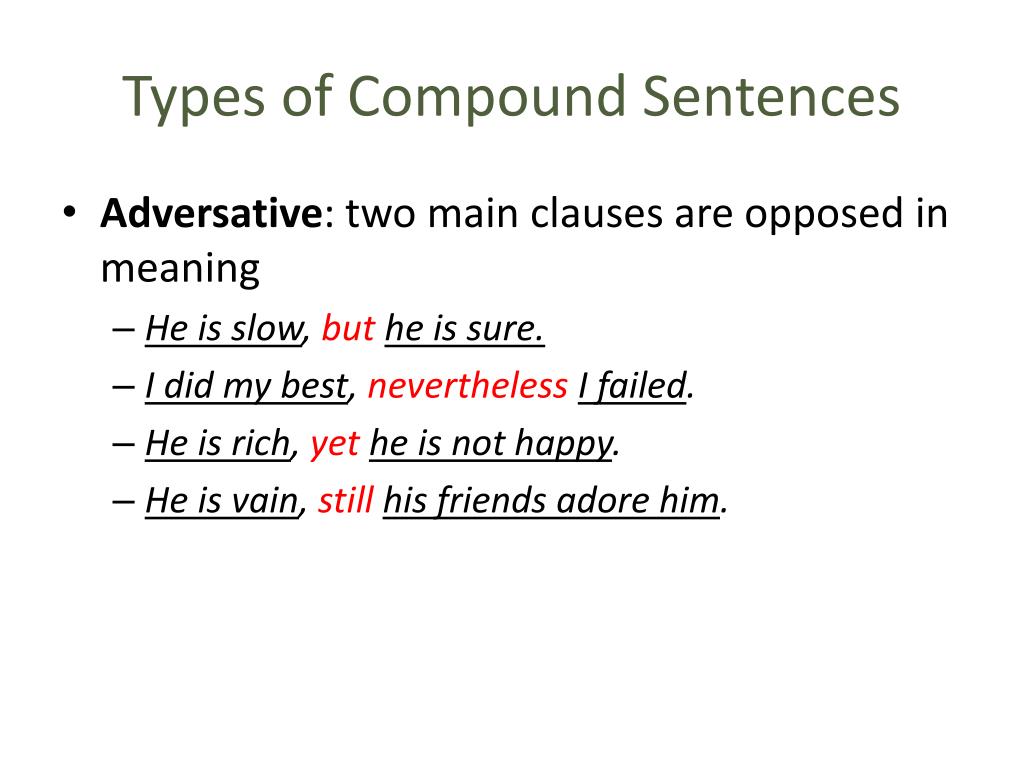 Slow meaning. Types of Compound sentences. Adversative Clauses. Types of Compounds. Types of Clauses in English.