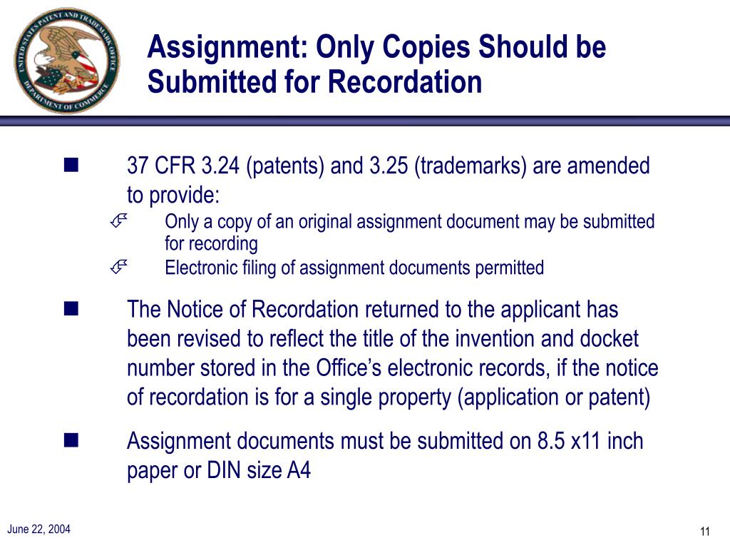 uspto notice of recordation of assignment