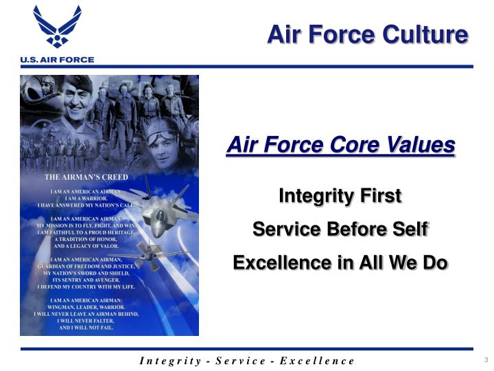 air force core values integrity The usaf is made up of great people who embody the service's core values there is a strong sense of camaraderie and purpose to provide our airmen with the best tools and training they need to preserve our nation's security. air force core values integrity The usaf is made up of great people who embody the service's core values there is a strong sense of camaraderie and purpose to provide our airmen with the best tools and training they need to preserve our nation's security.