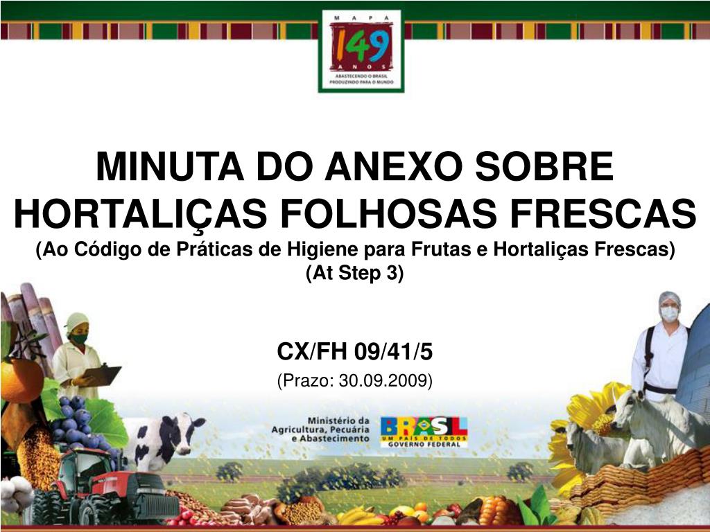 PPT - MINUTA DO ANEXO SOBRE HORTALIÇAS FOLHOSAS FRESCAS (Ao Código de  Práticas de Higiene para Frutas e Hortaliças Frescas) ( PowerPoint  Presentation - ID:1396238