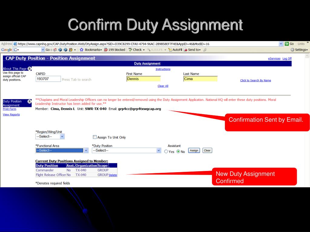duty assignment and area assignment