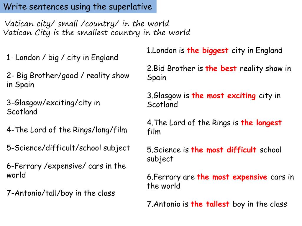 Make comparative sentences. Superlative adjectives sentences. Comparative sentences. Comparatives and Superlatives. Exciting Superlative form.