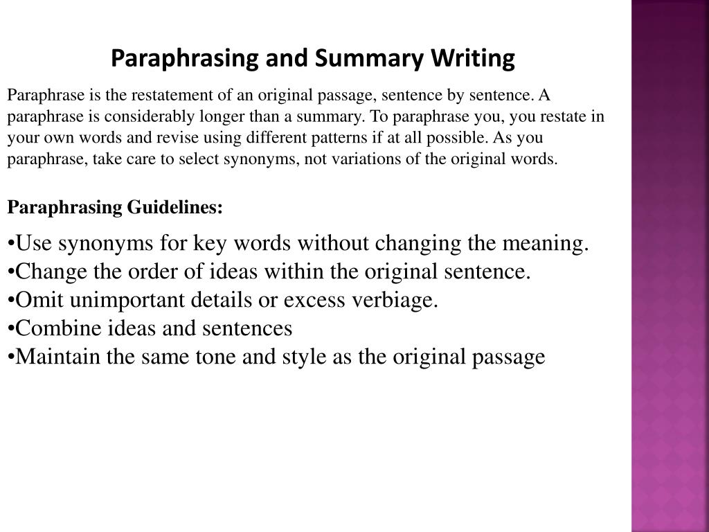 paraphrasing and summary are synonyms