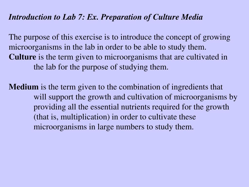 PPT - Introduction to Lab 6: Ex. Preparation of Culture Media Media facts Preparation  Sterilization Aseptic tech PowerPoint Presentation - ID:167434