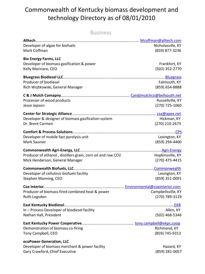 commonwealth of kentucky biomass development and technology directory as of 08 01 2010 n.