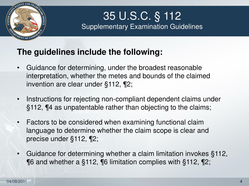 PPT 35 U.S.C. 112 Supplementary Examination Guidelines PowerPoint Presentation ID 218079