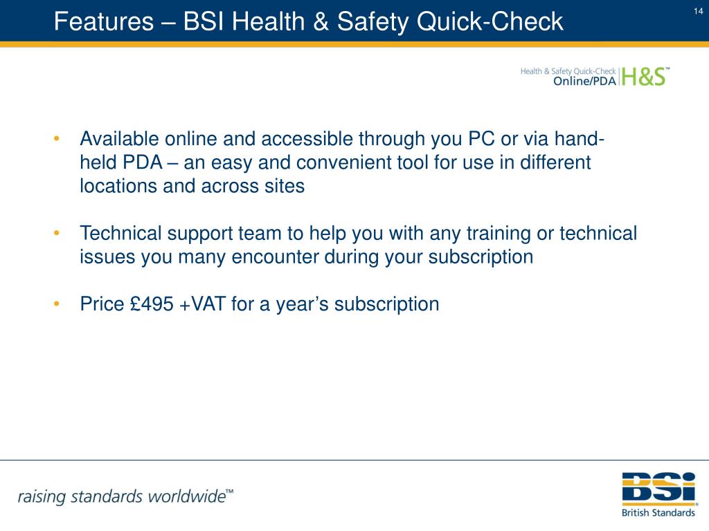 Ppt introducing the new bsi health safety quick check online pda