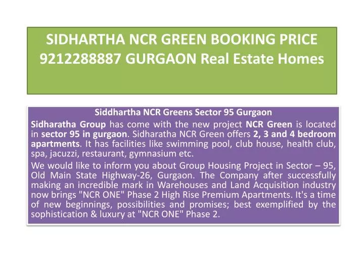 sidhartha ncr green booking price 9212288887 gurgaon real estate homes n.
