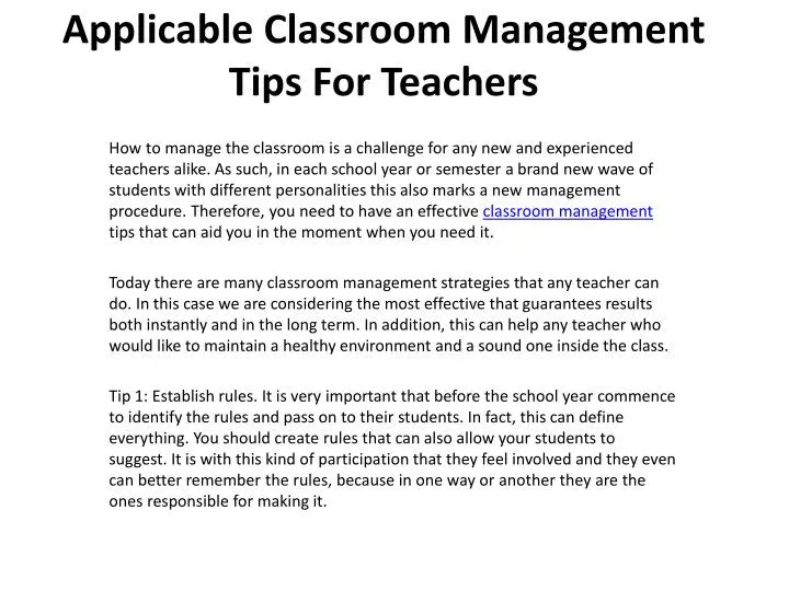 applicable classroom management tips for teachers n.