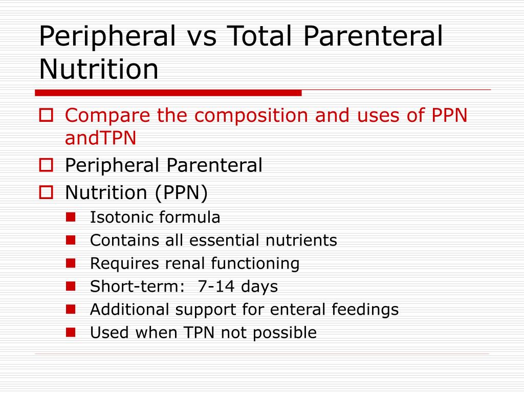 Additional support. Total Parenteral Nutrition. Parenteral Nutrition PPN TPN. TPN PPN. Parenteral Nutrition мусеўк.